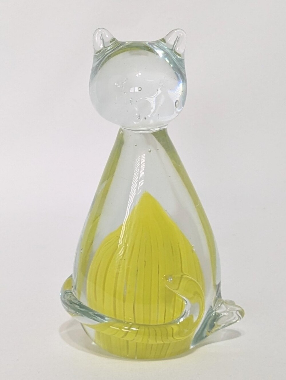 Hand Blown Sitting Cat Paperweight 6.75 inch Art Glass Yellow Inside